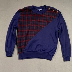Cape Cod Sportswear Women's L Plaid‎ & Navy Blue Sweatshirt Crewneck Made in USA